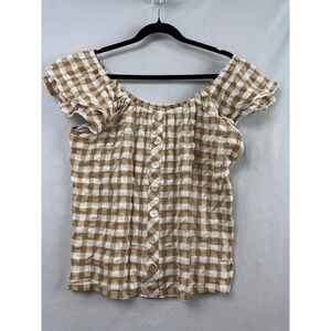 Matilda Jane Gingham Ruffle Top Women Medium Tan White Popover Cottage Boho